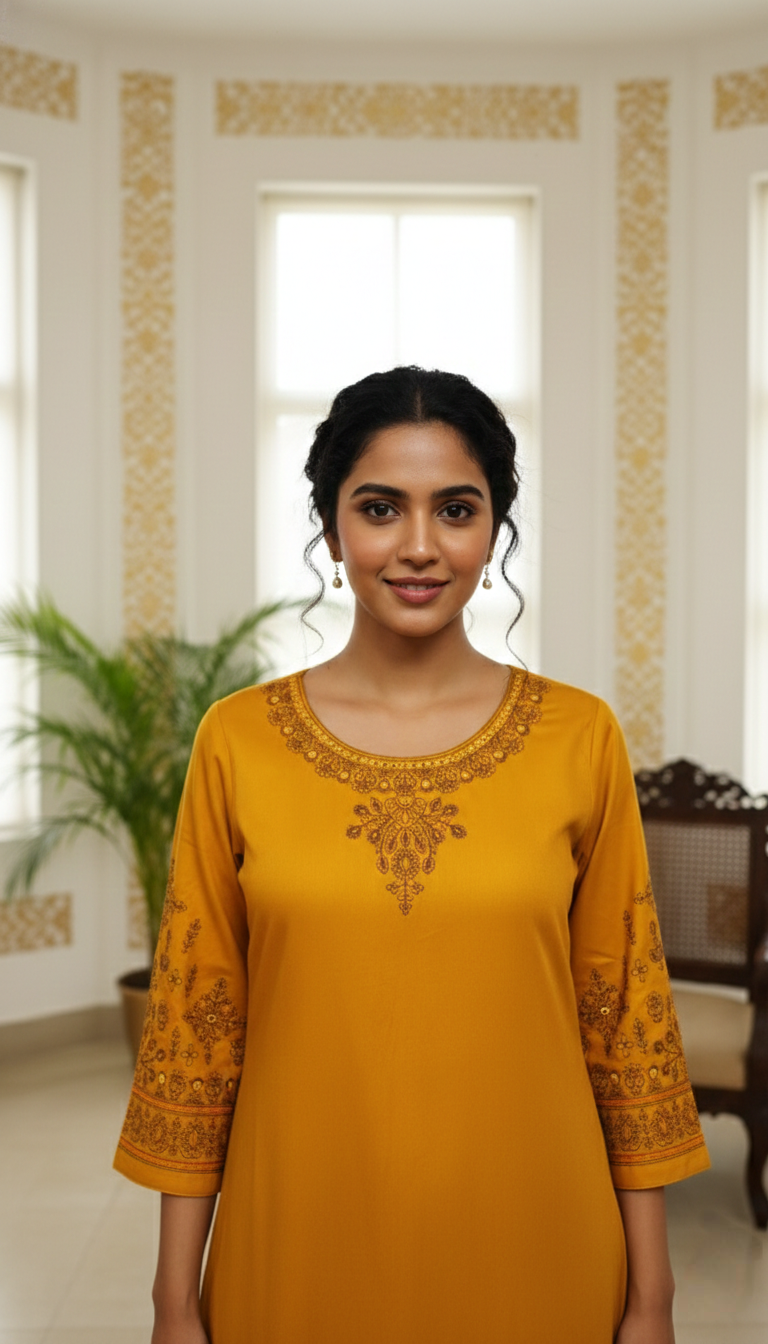 Women Yellow Embroidered Gazzi Silk Kurta Pant Dupatta Set