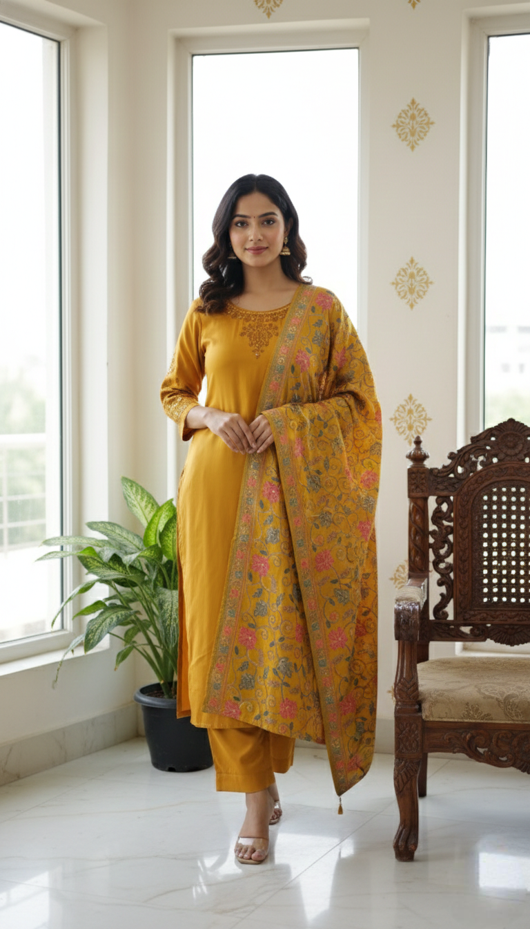 Women Yellow Embroidered Gazzi Silk Kurta Pant Dupatta Set