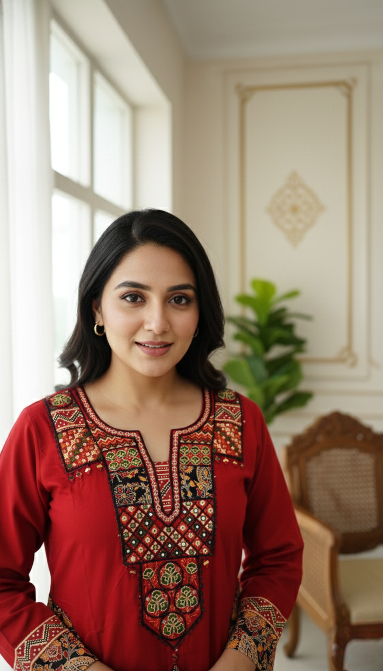 Women Rust Patch Work Cotton Kurta Pant Dupatta Set