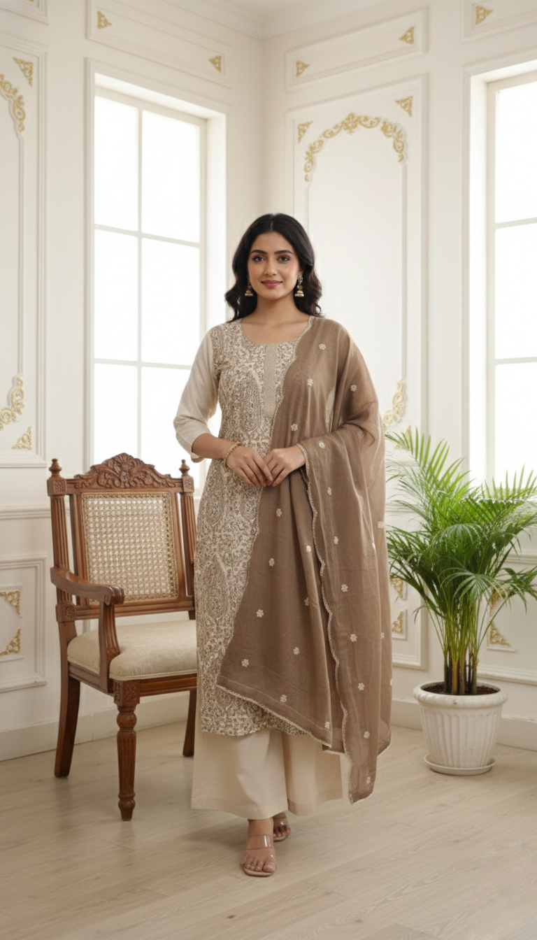 Women Off White Thread Work Cotton Kurta Pant Dupatta Set