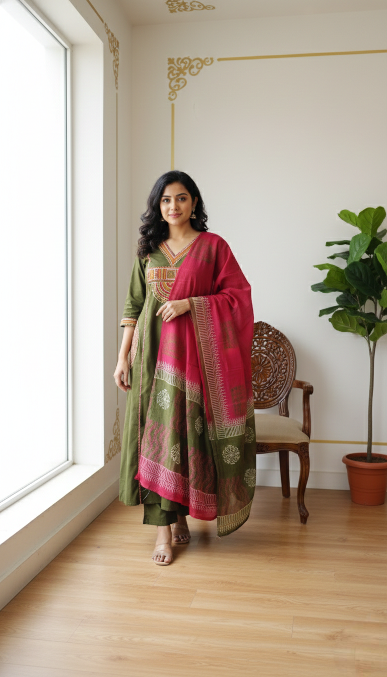 Women Mehandi Thread With Mirror Work Cotton Kurta Pant Dupatta Set