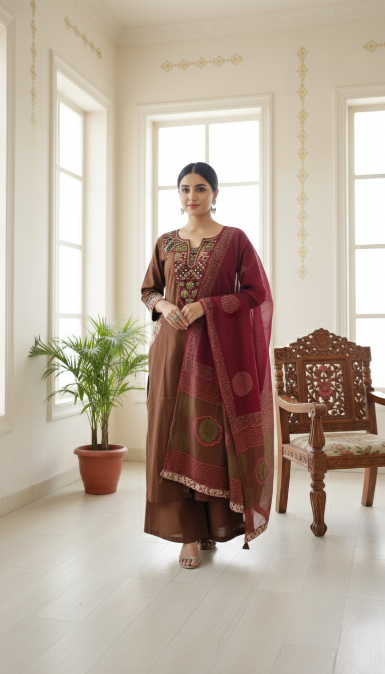 Women Coffee Patch Work Cotton Kurta Pant Dupatta Set