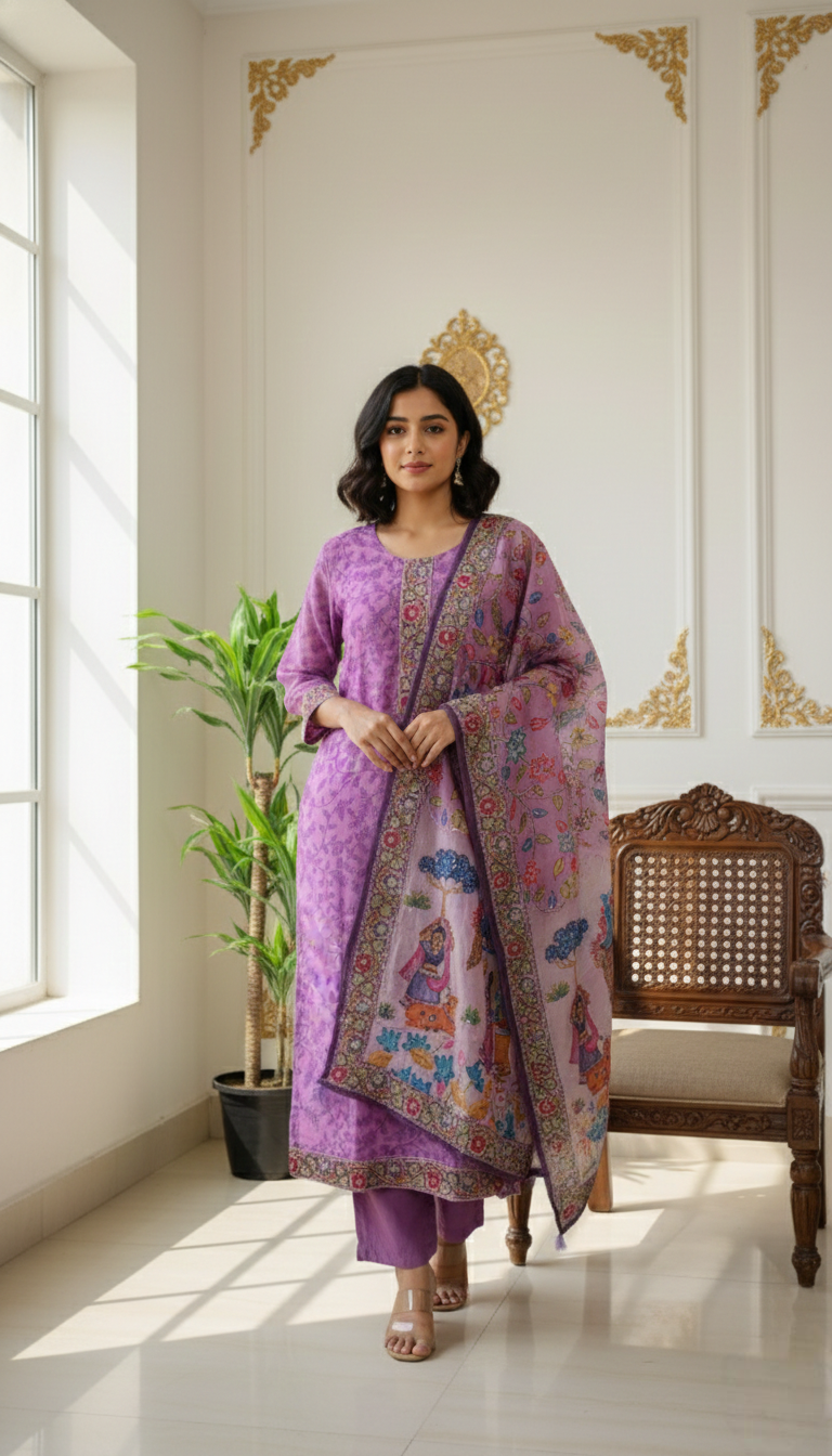 Women Embroidery Mul Chanderi Kurta Pant Dupatta Set