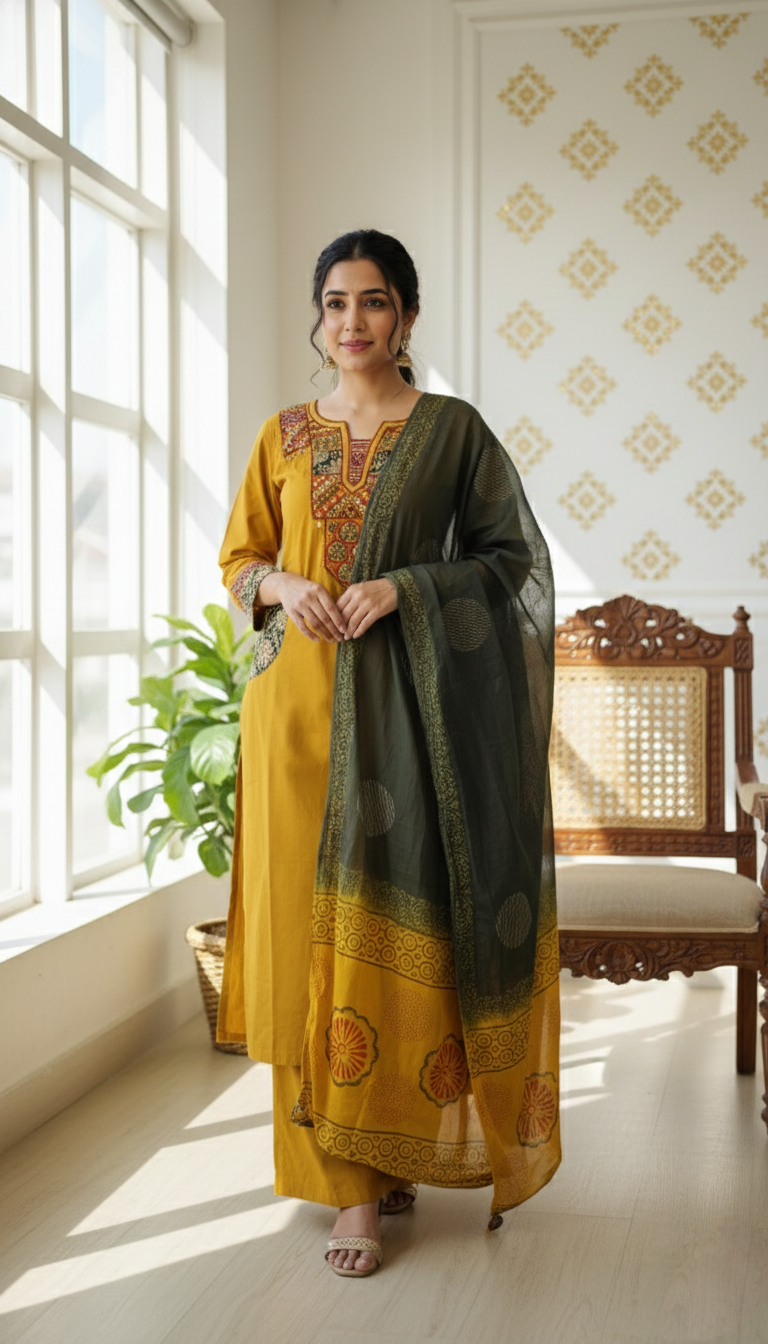 Women Yellow Patch Work Mul Chanderi Kurta Pant Dupatta Set
