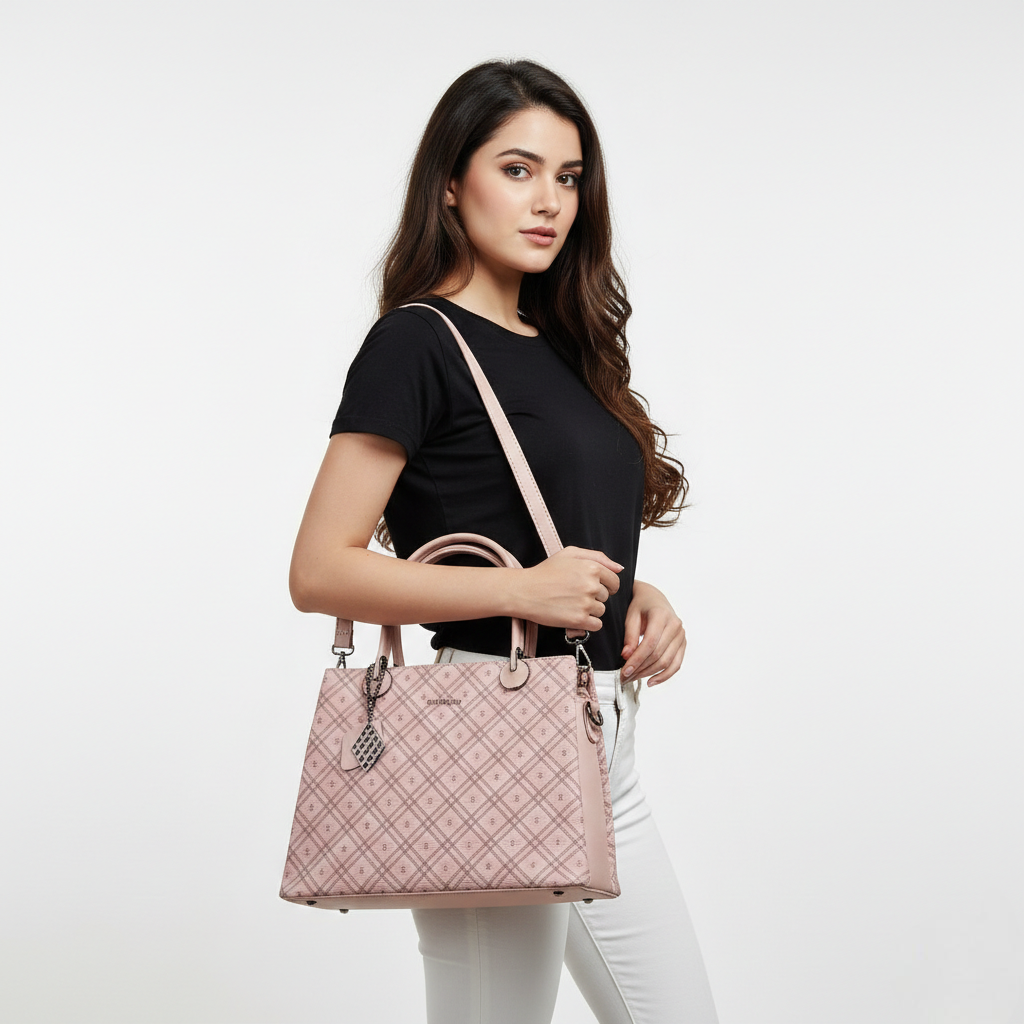Super Classic Pink Plaid Pattern Elegant Handbag