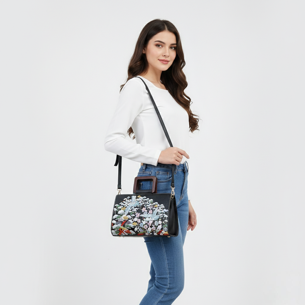 Super Classic Black Multicolour Thread Emboidered Elegant Handbag