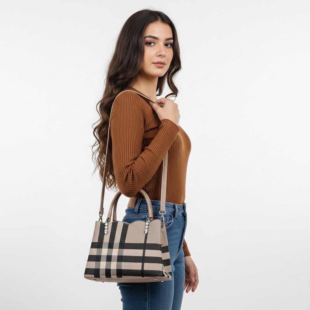 Super Classic Beige & Black Check Elegant Handbag