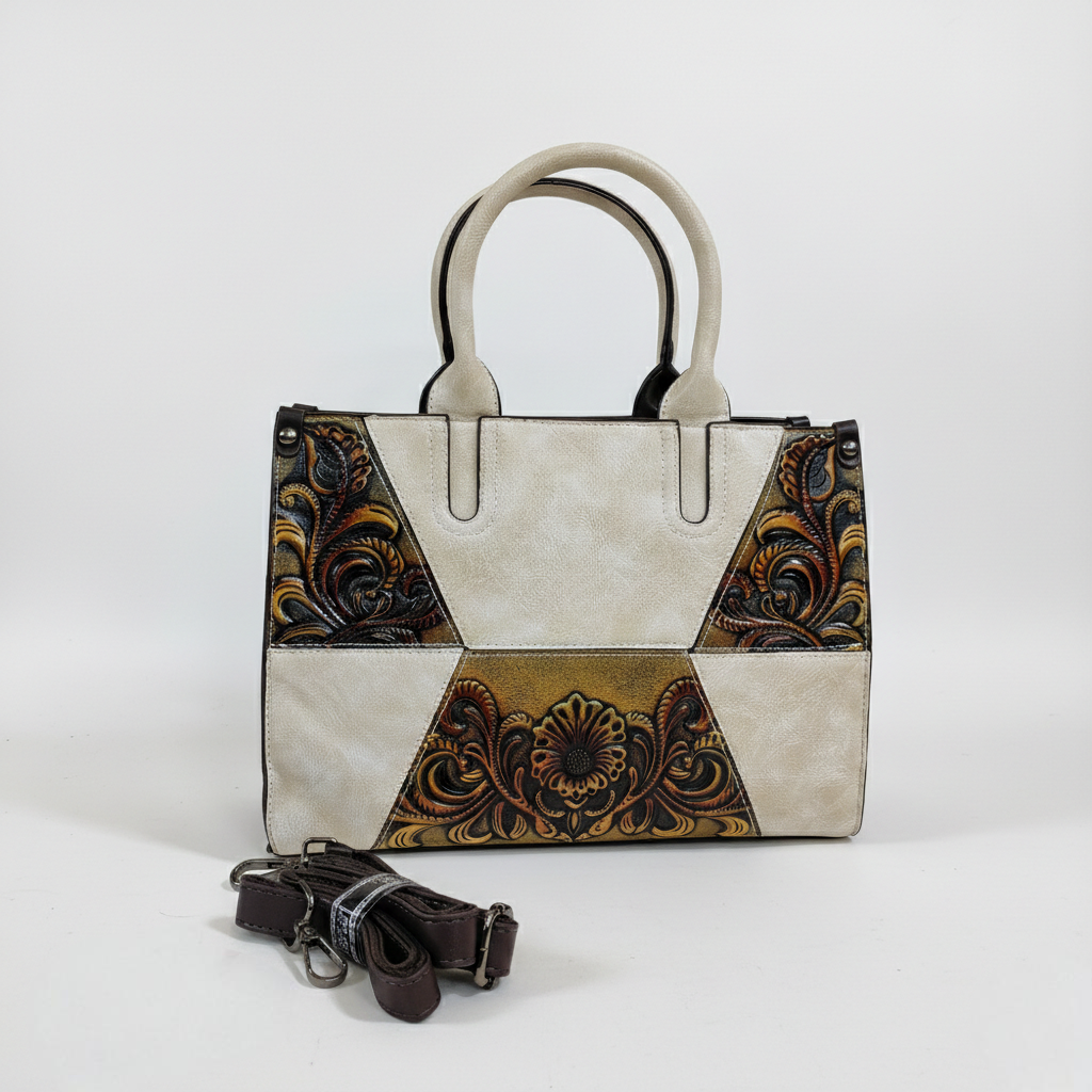 Super Classic Beige Brownish Gold Floral And Scrollwork Elegant Handbag