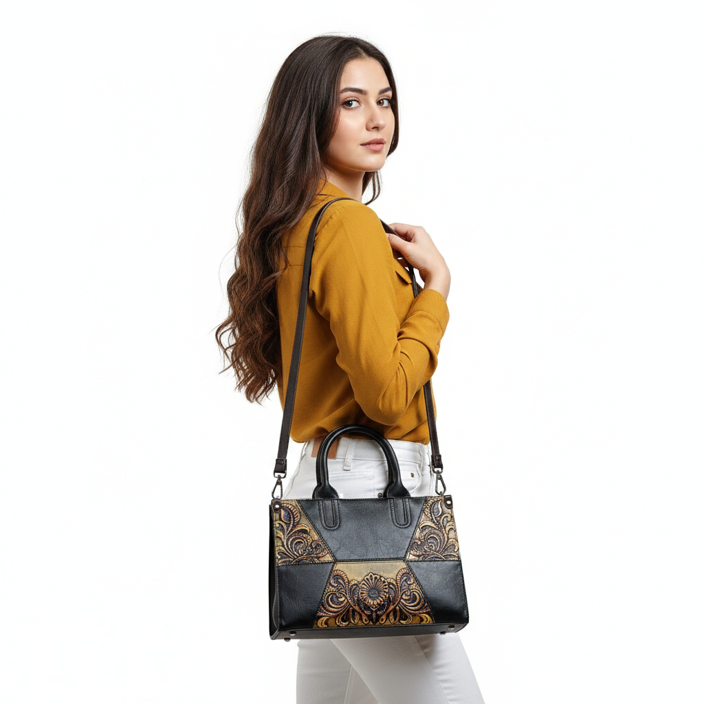 Super Classic Black Brownish Gold Floral And Scrollwork Elegant Handbag