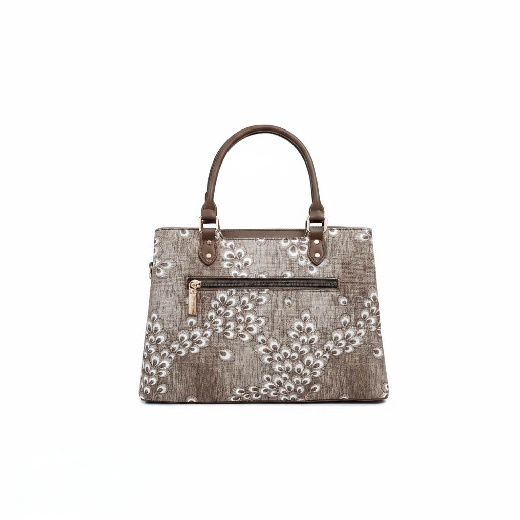 Super Classic Brown White Peacock Feather Print Elegant Handbag