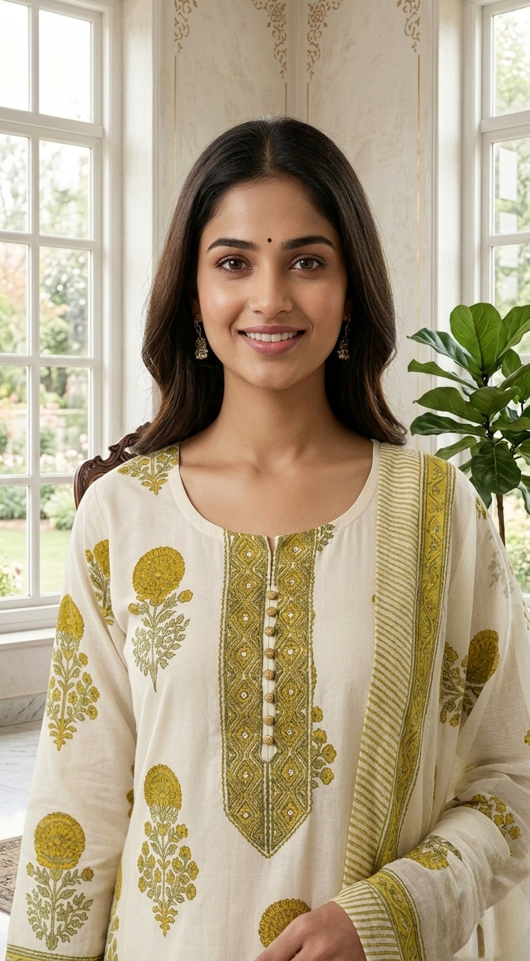 Women Off White Printed Cotton Kurta Pant Dupatta Set