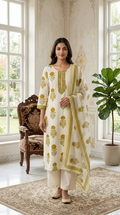 Women Off White Printed Cotton Kurta Pant Dupatta Set
