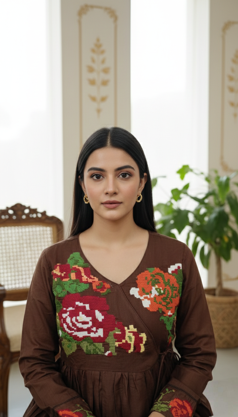 Women Coffee Embroidered Mul Cotton Kurta Pant Dupatta Set