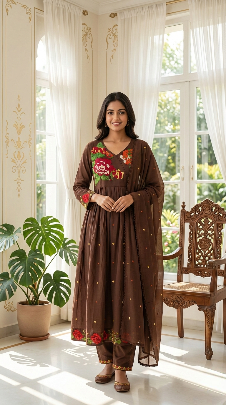 Women Coffee Embroidered Mul Cotton Kurta Pant Dupatta Set