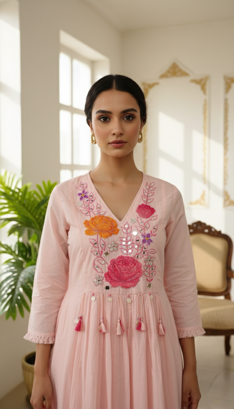 Women Pink Mirror Work Mul Cotton Kurta Pant Dupatta Set