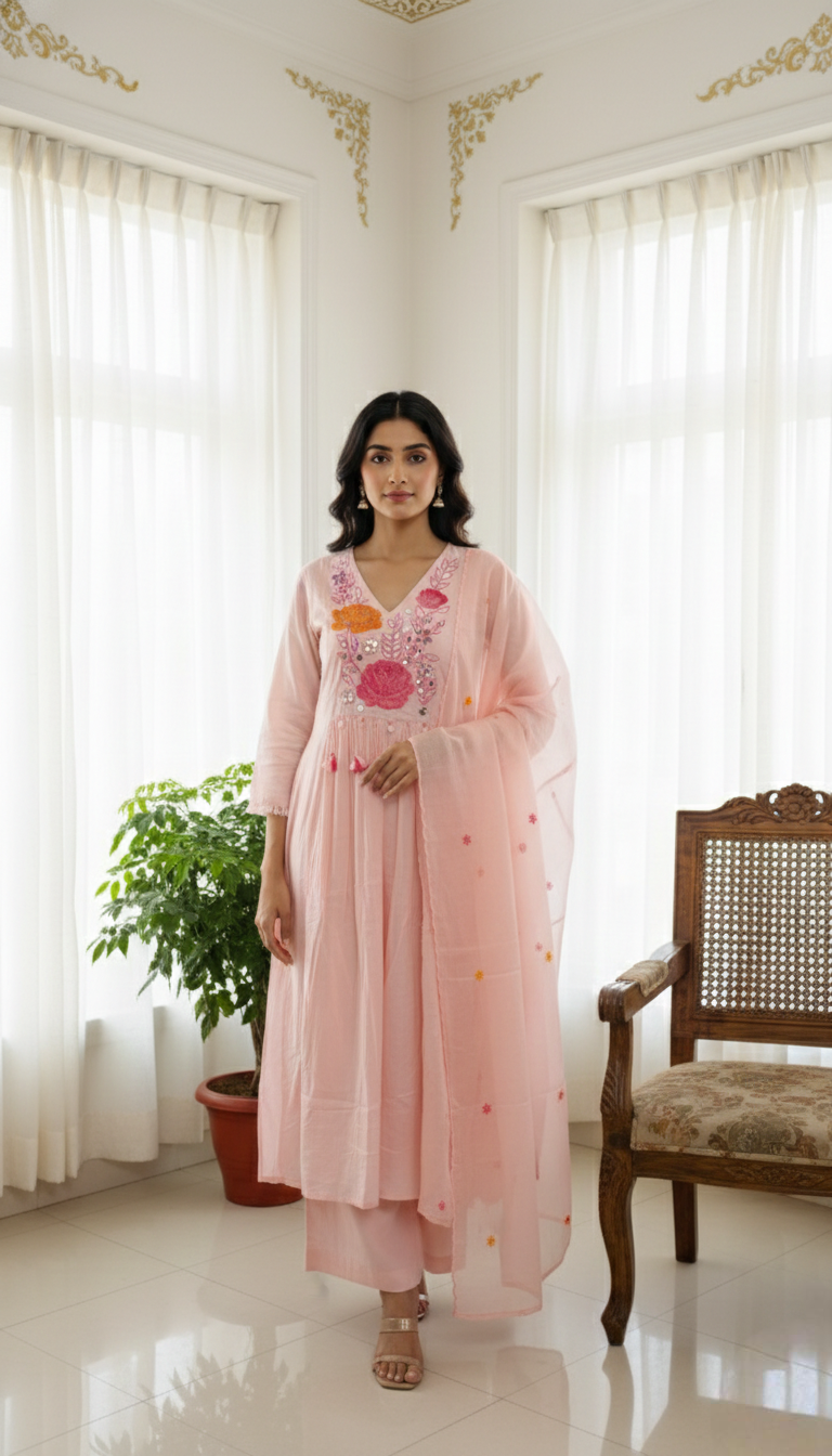 Women Pink Mirror Work Mul Cotton Kurta Pant Dupatta Set