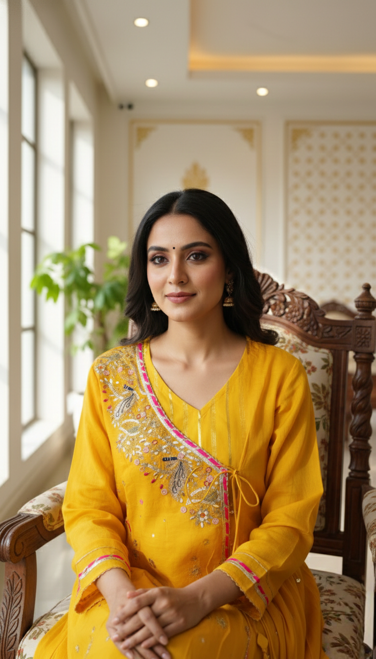 Women Yellow Zari With Gota Patti Work Mul Chanderi Kurta Pant Dupatta Set