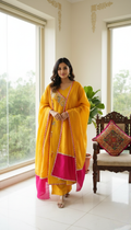 Women Yellow Zari With Gota Patti Work Mul Chanderi Kurta Pant Dupatta Set