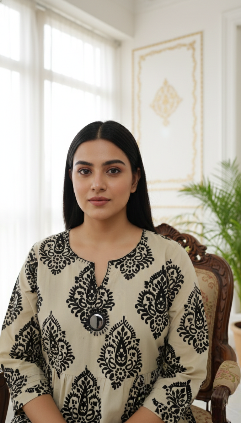 Women Beige Printed Cotton Kurta Pant Set