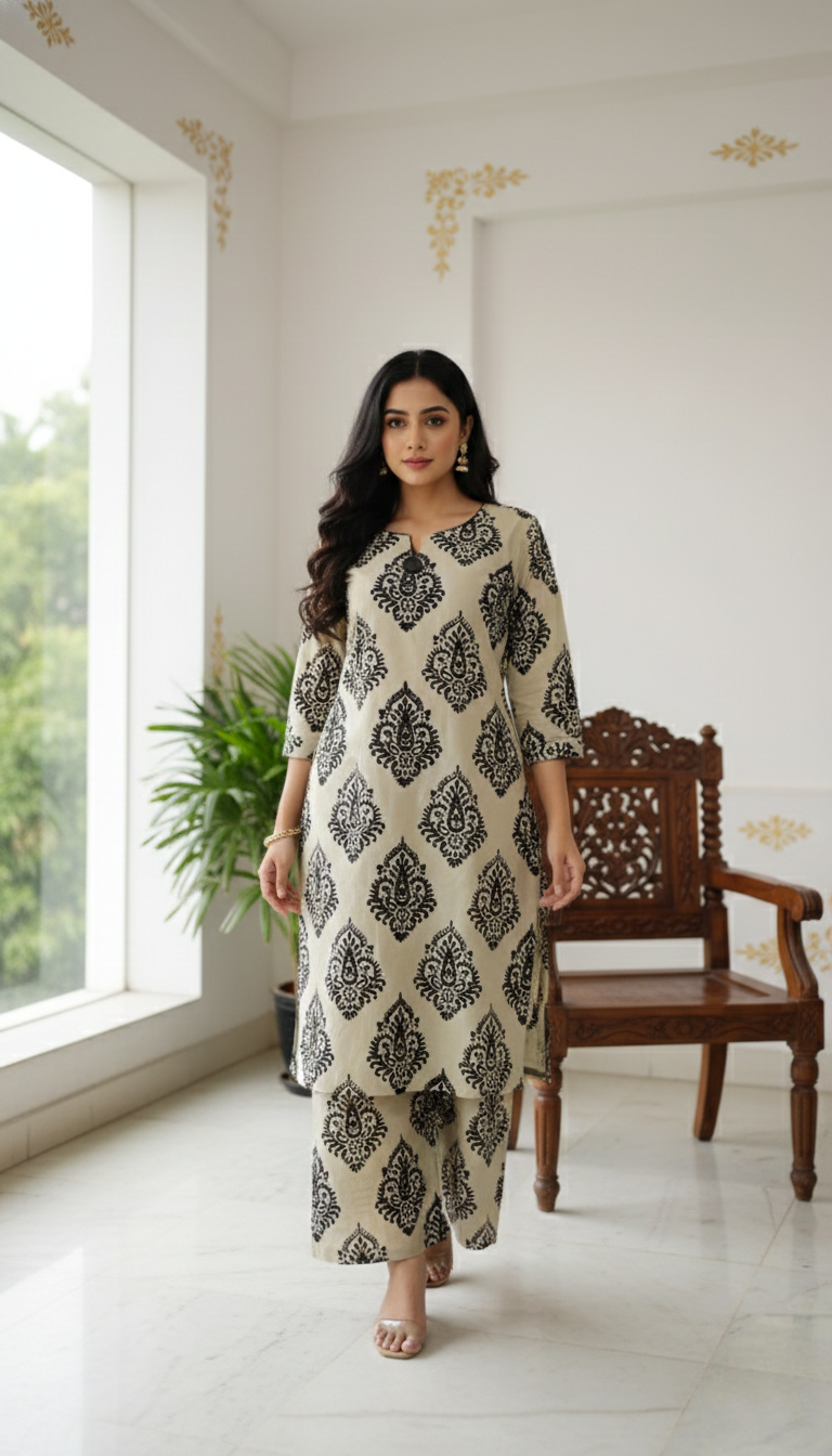 Women Beige Printed Cotton Kurta Pant Set