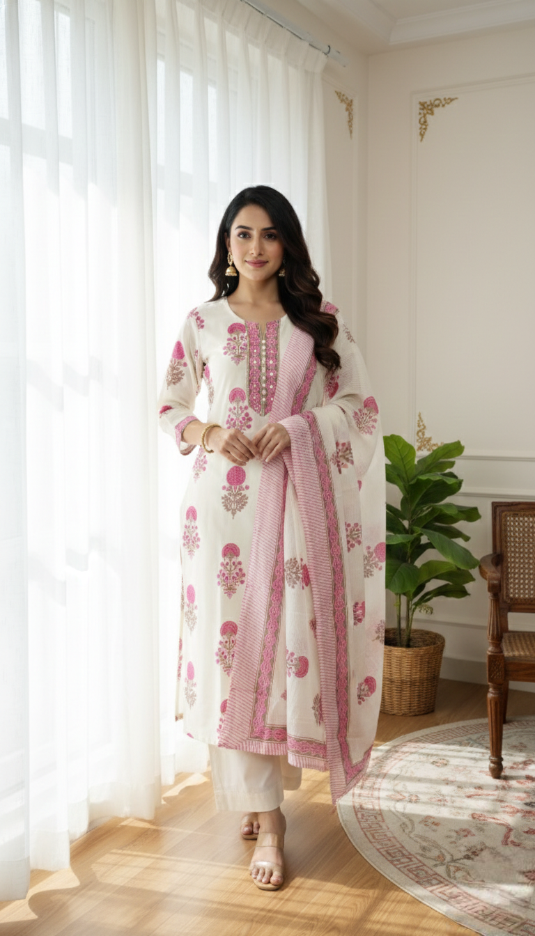 Women Off White Printed Cotton Kurta Pant Dupatta Set