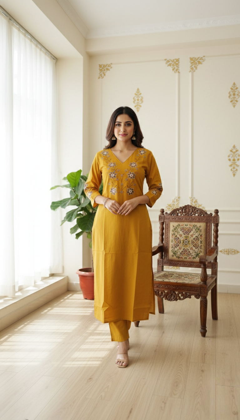 Women Mustard Yellow Floral Embroidered Cotton Kurta Pant Set