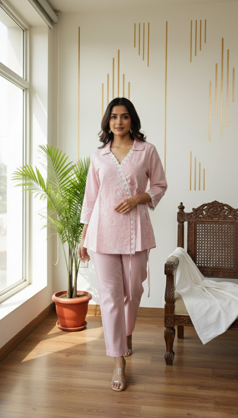 Women Pink Embroidered Cotton Coord Set