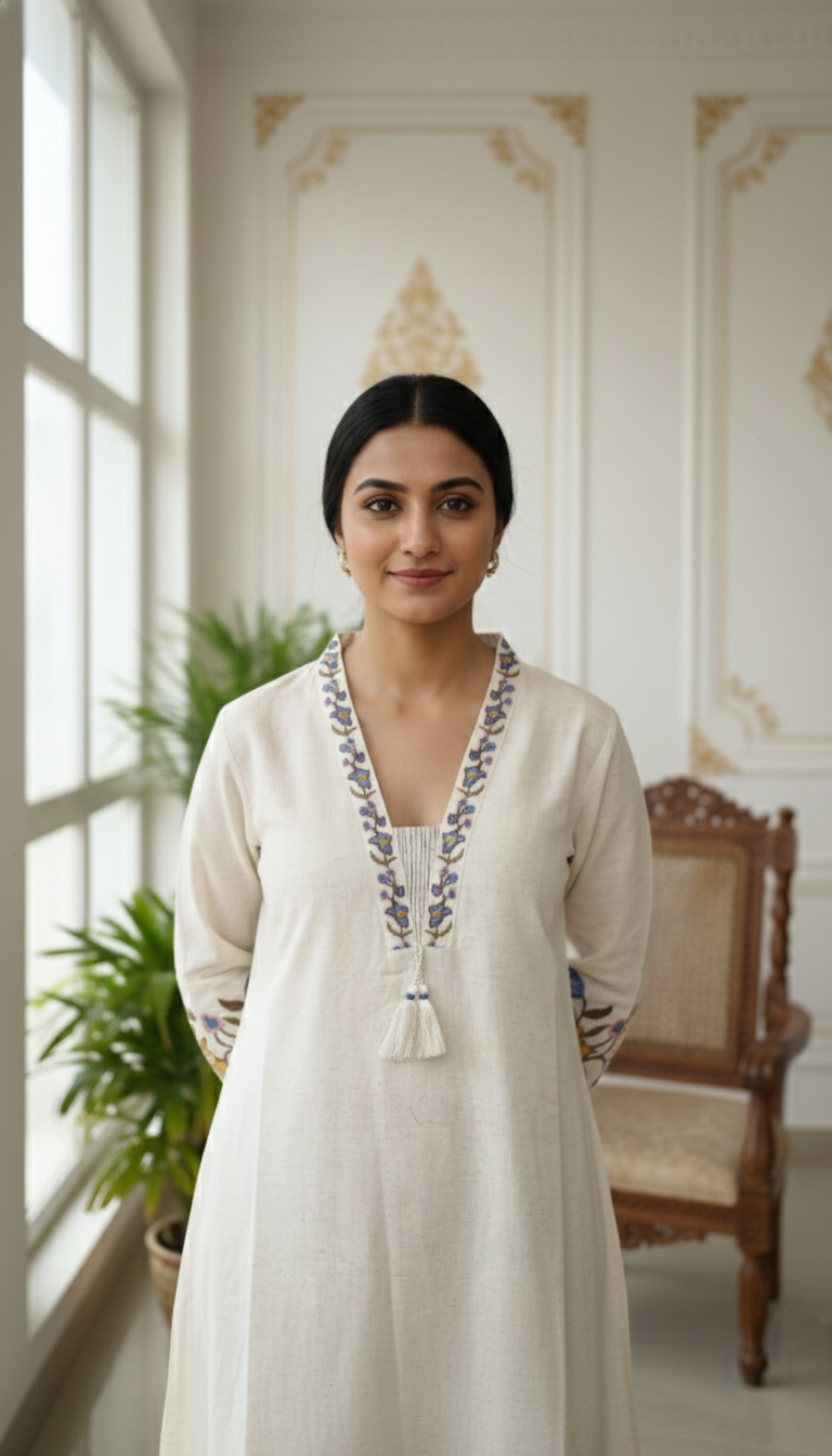 Women Off White Embroidered Cotton Kurta Pant Dupatta Set