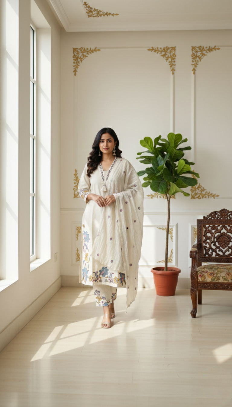 Women Off White Embroidered Cotton Kurta Pant Dupatta Set