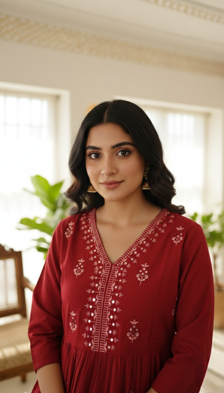 Women Red Embroidered Cotton Kurta Pant Dupatta Set