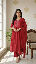 Women Red Embroidered Cotton Kurta Pant Dupatta Set