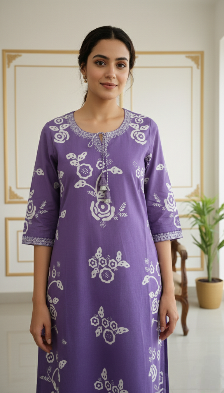 Women Purple Printed And Embroidered Cotton Kurta Pant Dupatta Set