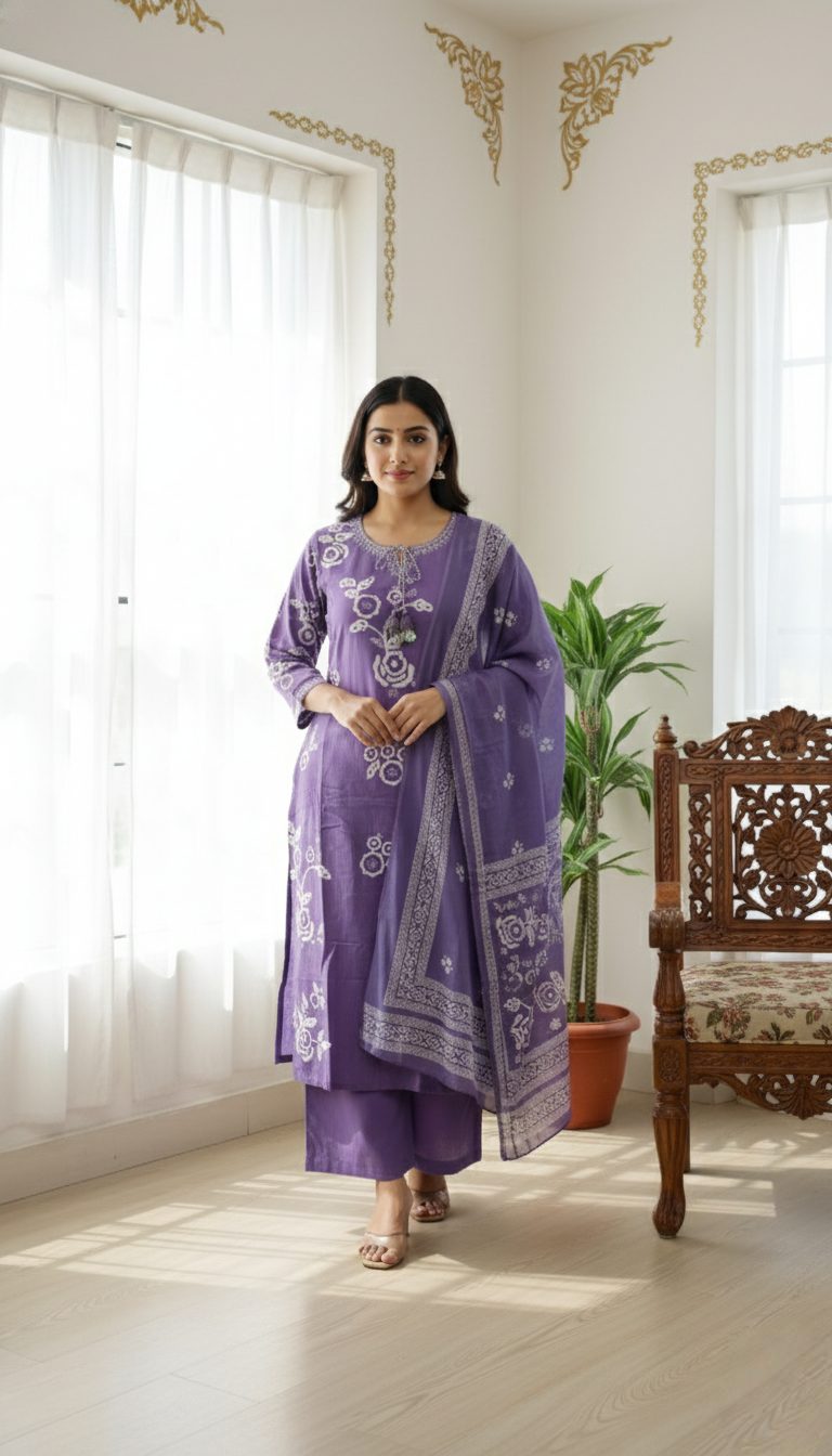 Women Purple Printed And Embroidered Cotton Kurta Pant Dupatta Set