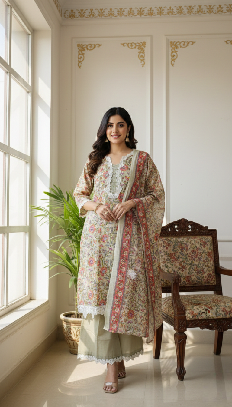 Women Multicolour Printed Embroidered Cotton Kurta Pant Dupatta Set