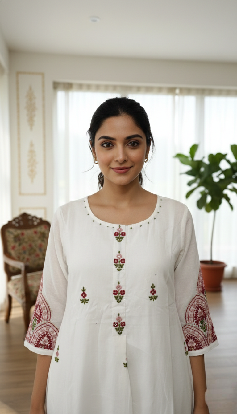 Women White Thread Work Cotton Kurta Pant Dupatta Set