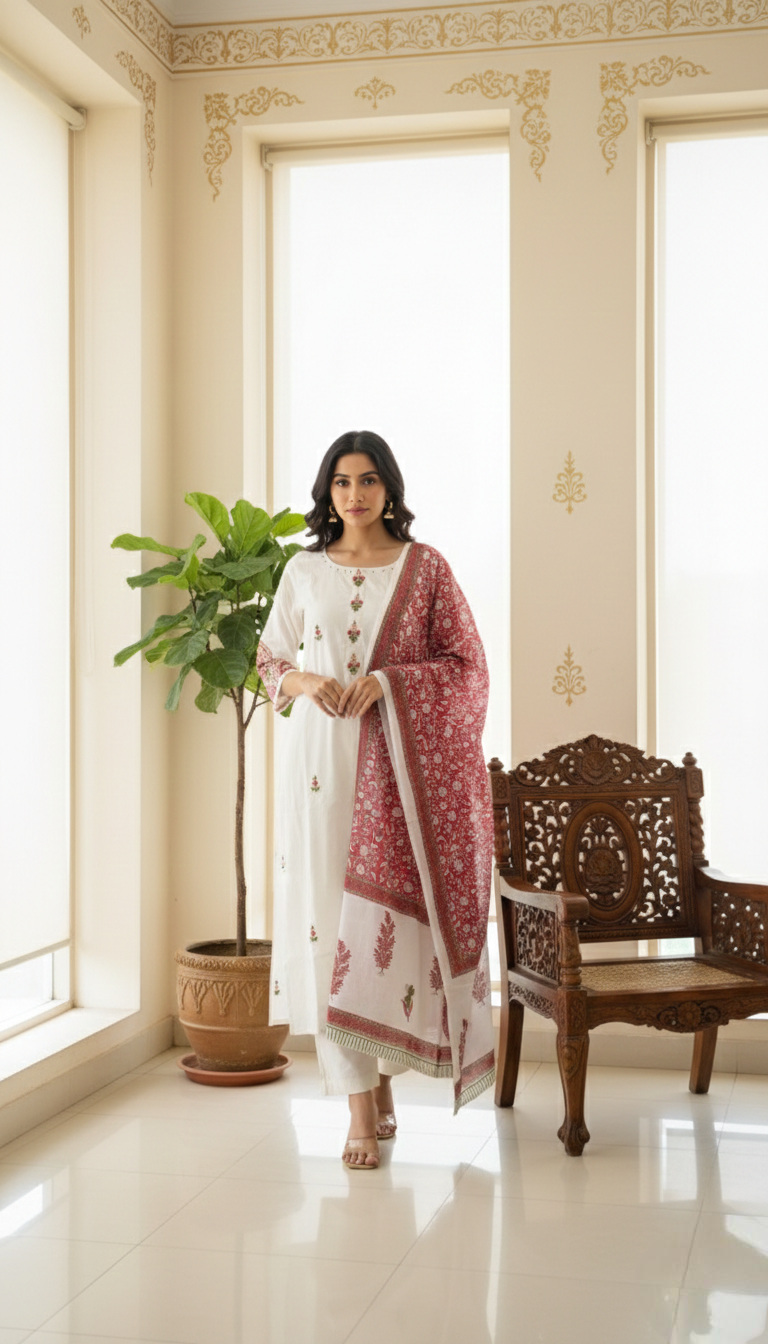 Women White Thread Work Cotton Kurta Pant Dupatta Set