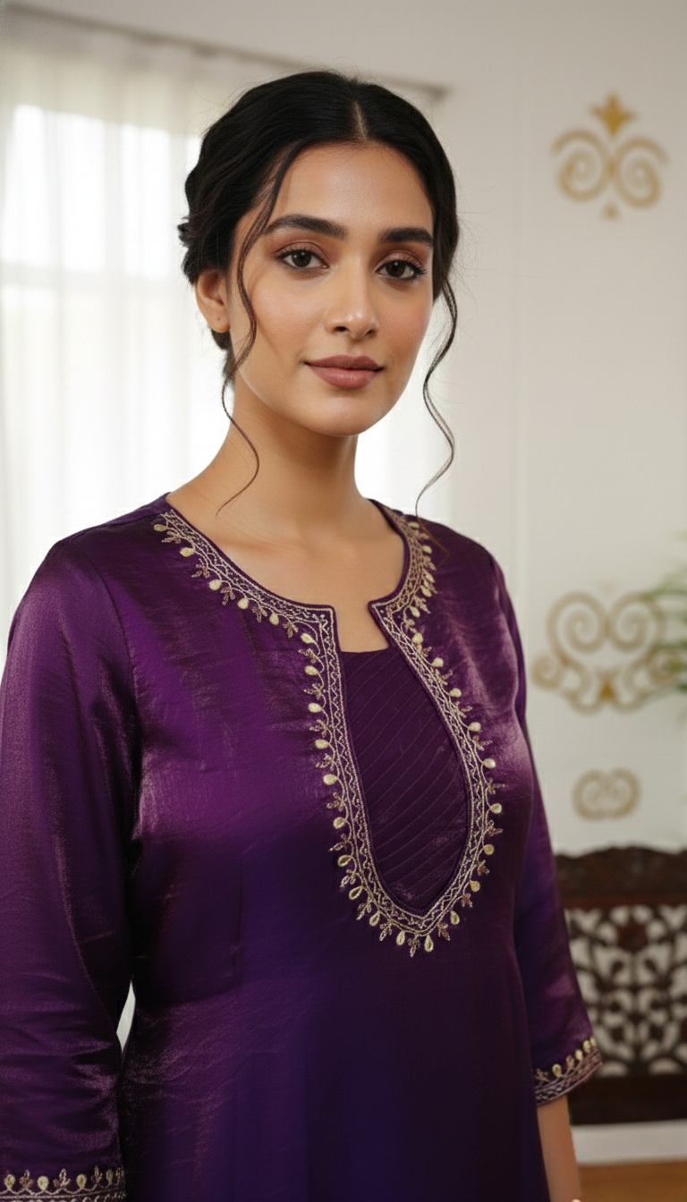 Women Purple Mirror Work Fendy Silk Divider Set