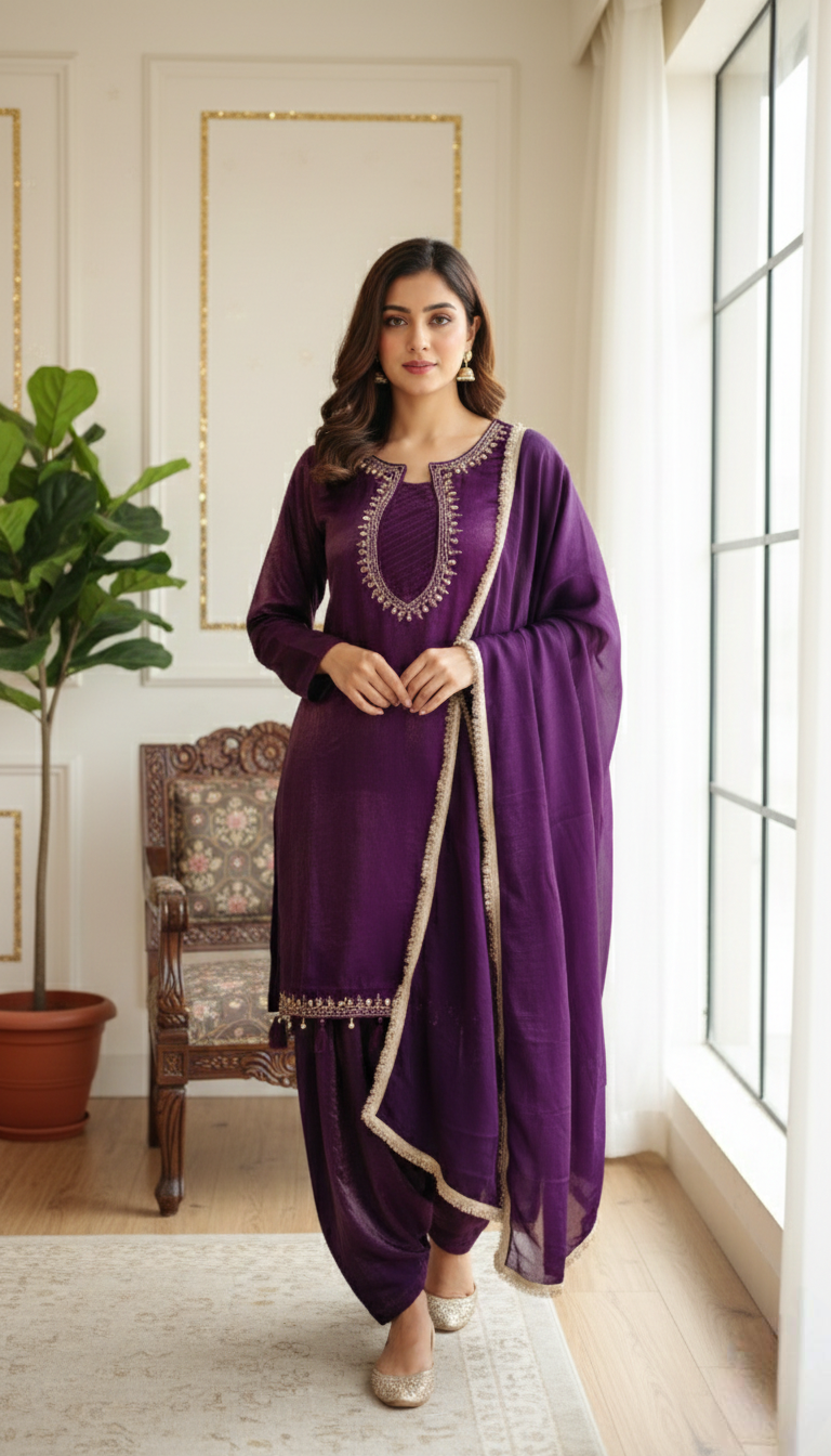Women Purple Mirror Work Fendy Silk Divider Set