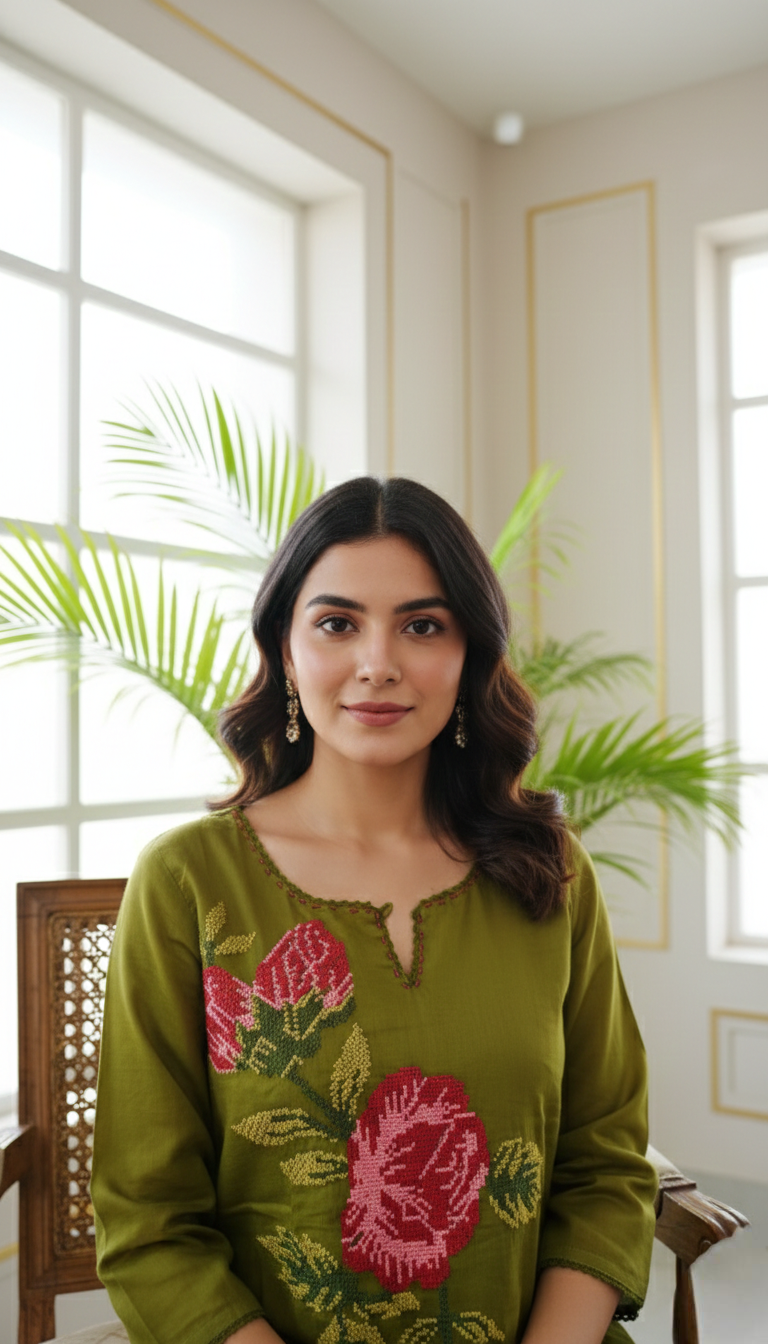 Women Mehandi Embroidered Cotton Kurta Pant Dupatta Set