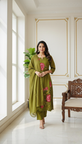 Women Mehandi Embroidered Cotton Kurta Pant Dupatta Set