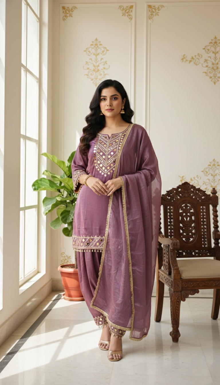 Women Purple Original Mirror Work Fendy Silk Divider Set