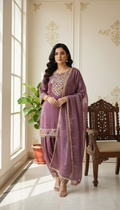 Women Purple Original Mirror Work Fendy Silk Divider Set