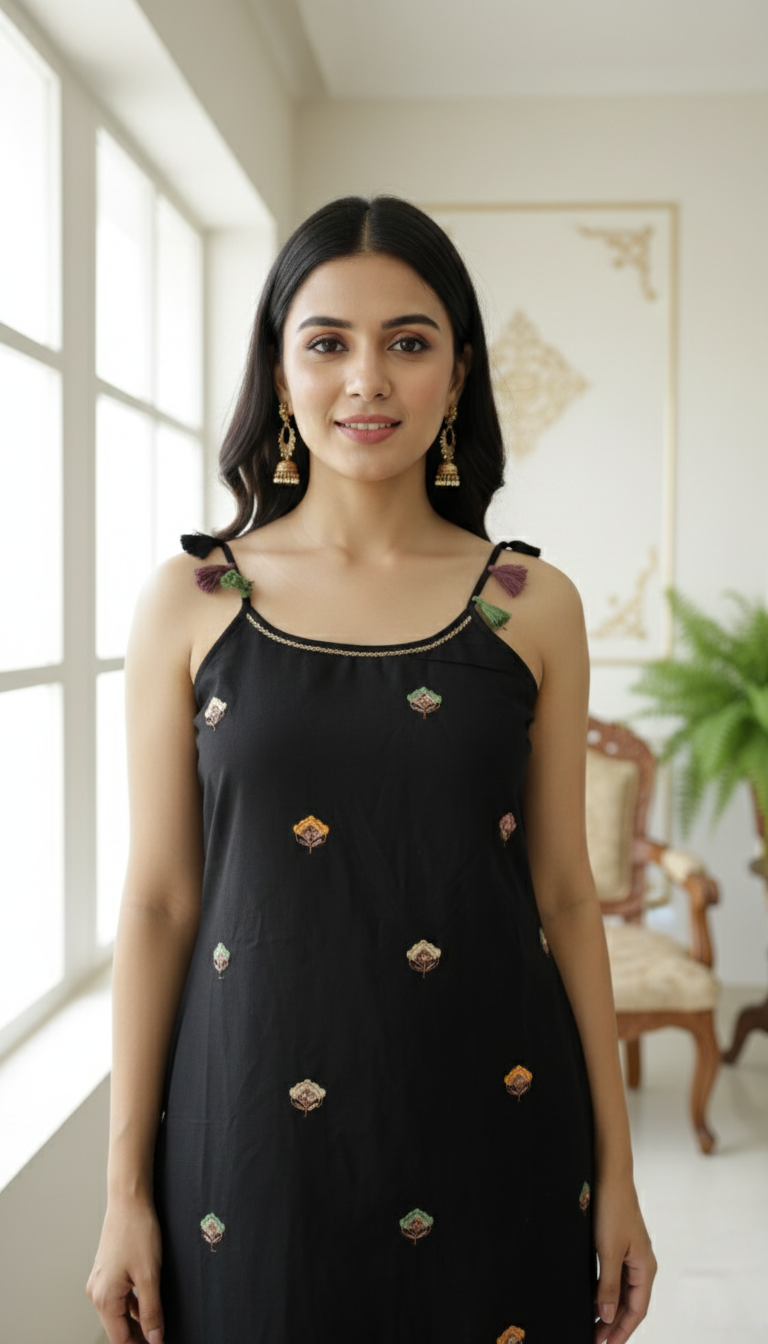 Women Black Embroidered Cotton Kurta Pant Dupatta Set