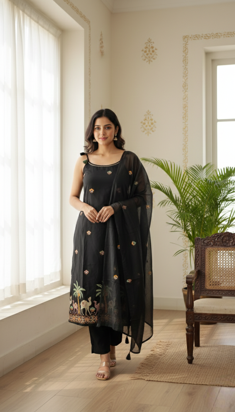 Women Black Embroidered Cotton Kurta Pant Dupatta Set