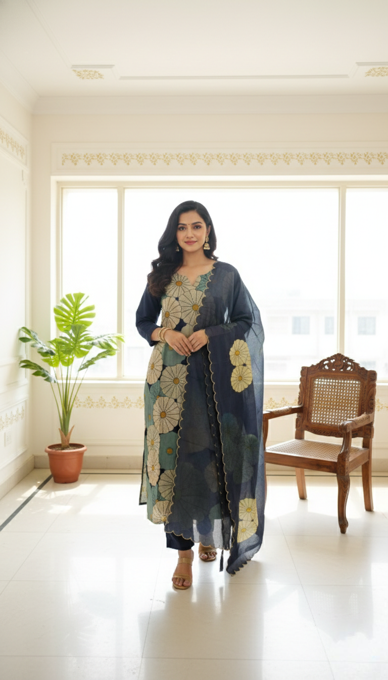 Women Multicolour Kantha Stitch Work Kurta Muslin Silk Pant Dupatta Set