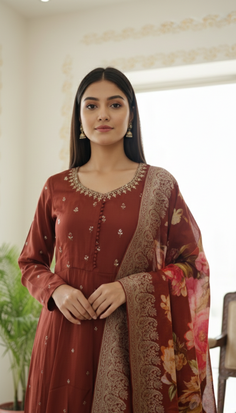 Women Bronze Hand Embroidered Pure Chinon Kurta Pant Dupatta Set