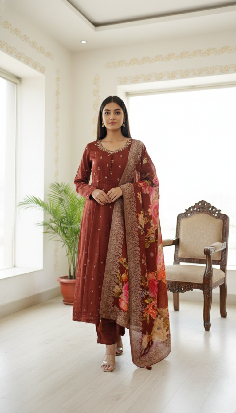 Women Bronze Hand Embroidered Pure Chinon Kurta Pant Dupatta Set