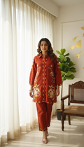 Women Rust Embroidered Cotton Coord Set