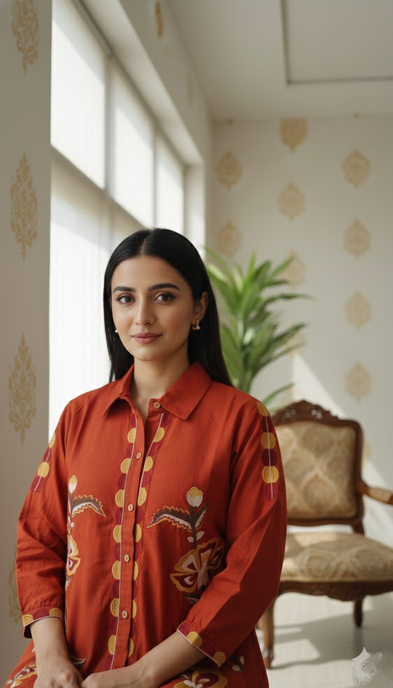 Women Rust Embroidered Cotton Coord Set