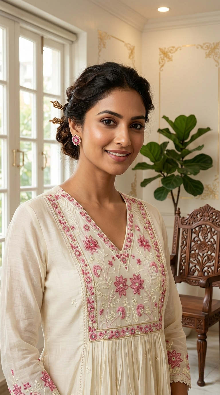 Women Off White Thread Work Mul Cotton Kurta Pant Dupatta Set